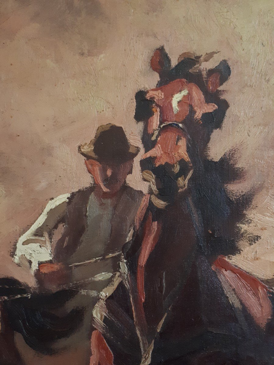 Istvan Benyovszky (hungary 1898-1969) Oil On Canvas Equestrian Scene Horses-photo-1
