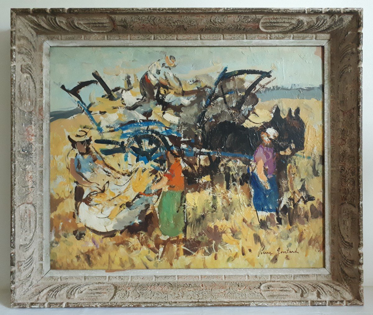 Pierre Gontard (born In 1927) Oil On Panel Harvest Scene