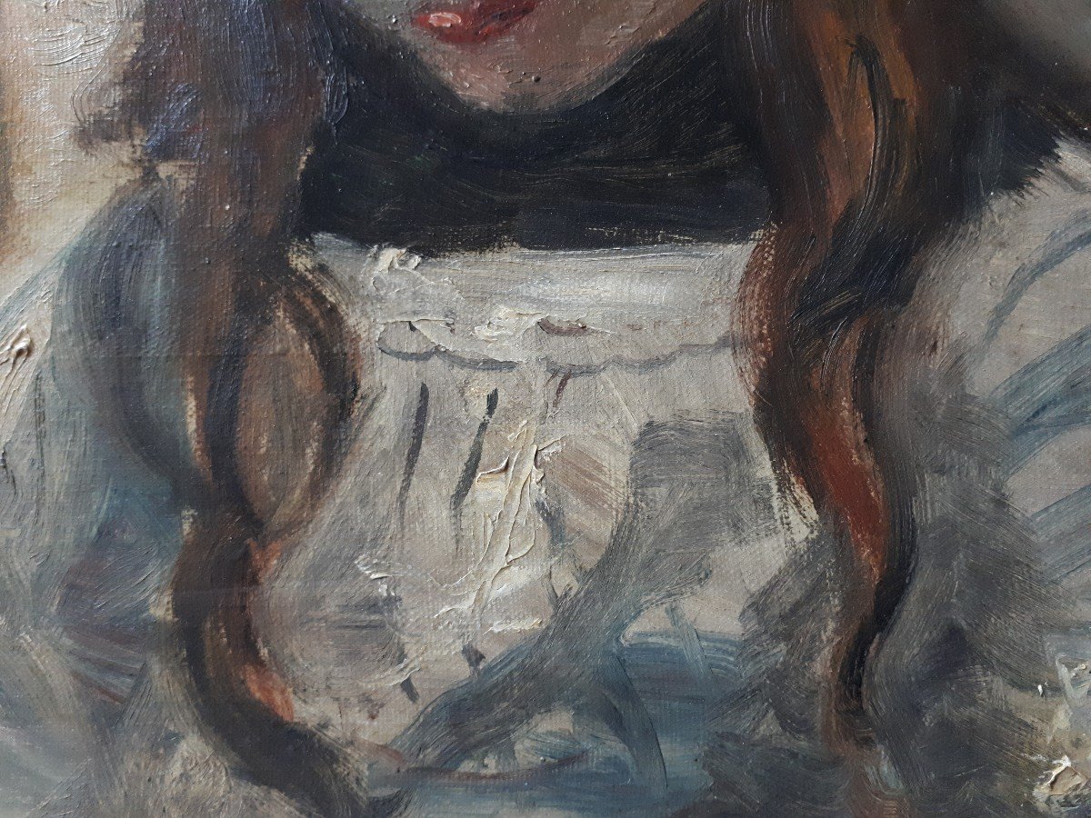 Portrait fillette huile sur toile impressionnisme L. Godde 1914-photo-3