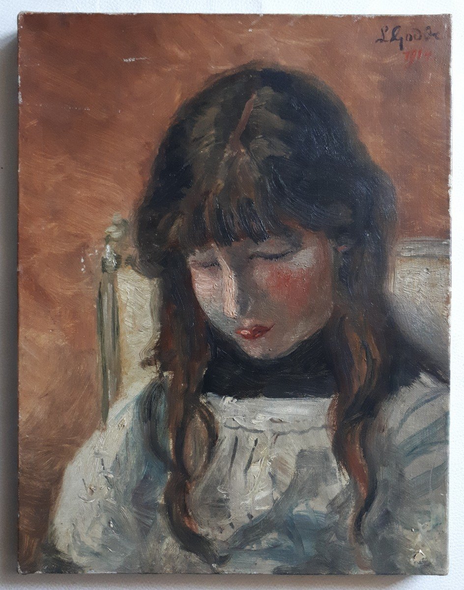 Portrait fillette huile sur toile impressionnisme L. Godde 1914