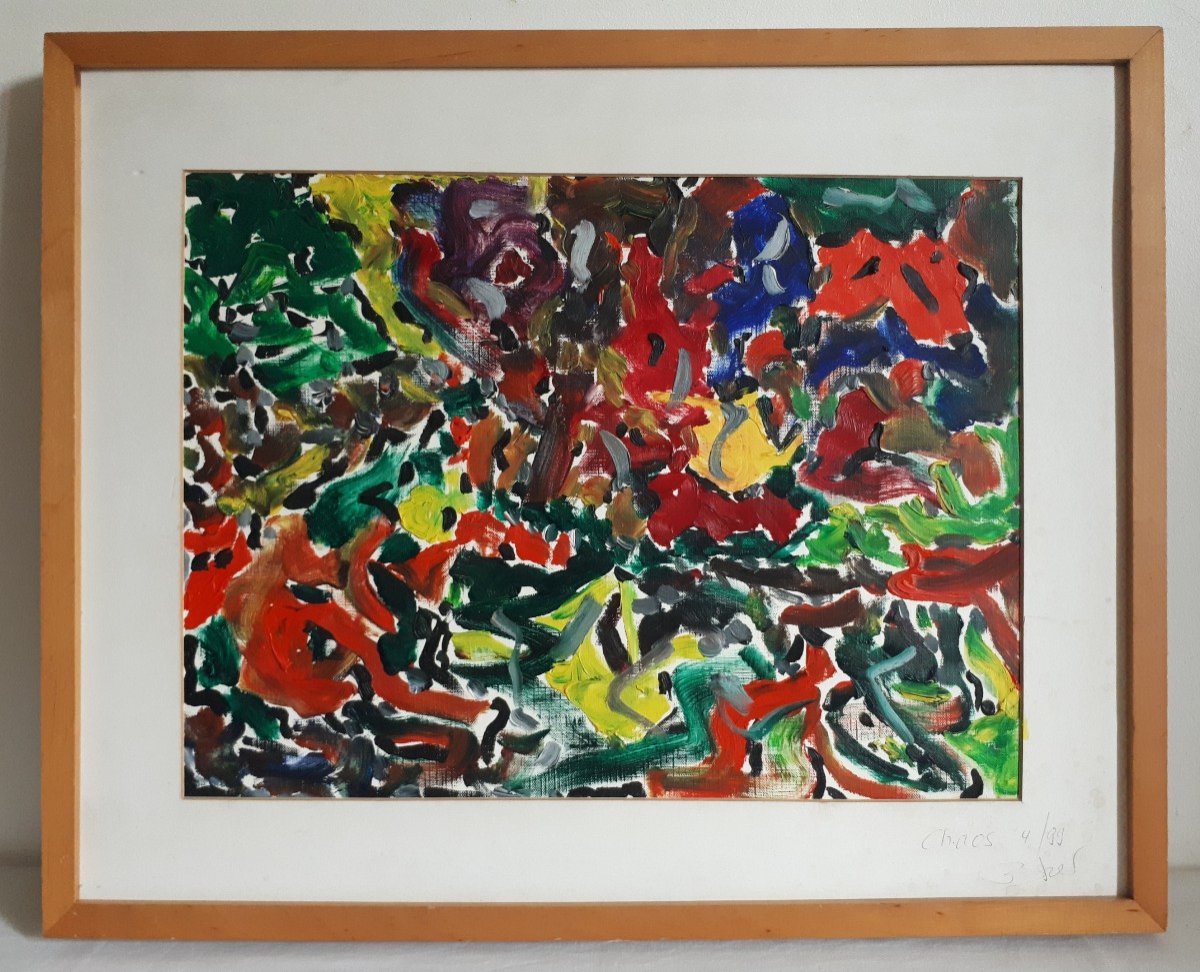 Painting Abstract Composition - Chaos - Oil On Canvas Paper (signed)