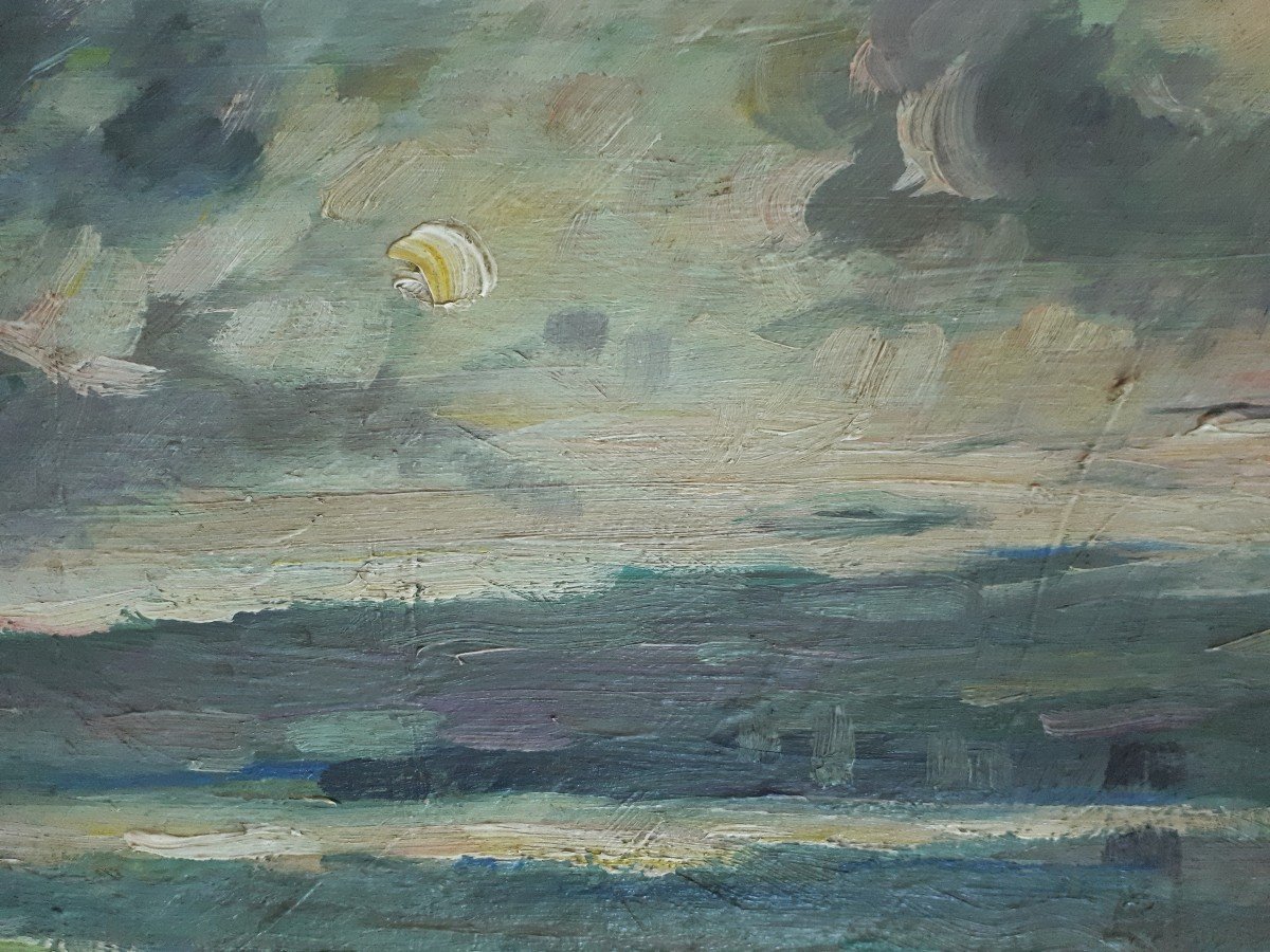 Huile sur toile marine paysage marin au crépuscule barque fin 19ème impressionnisme-photo-3