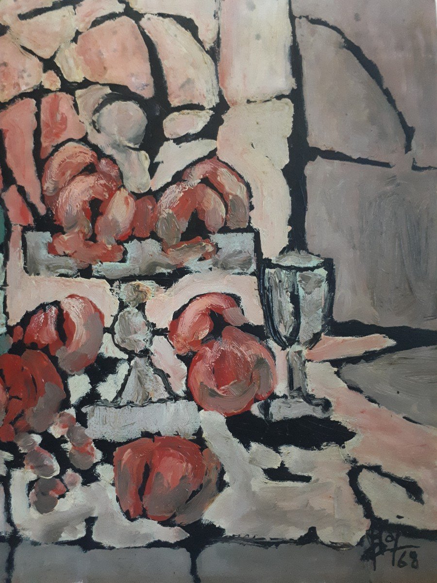 Huile sur panneau nature morte fruits bouteille 1968-photo-4