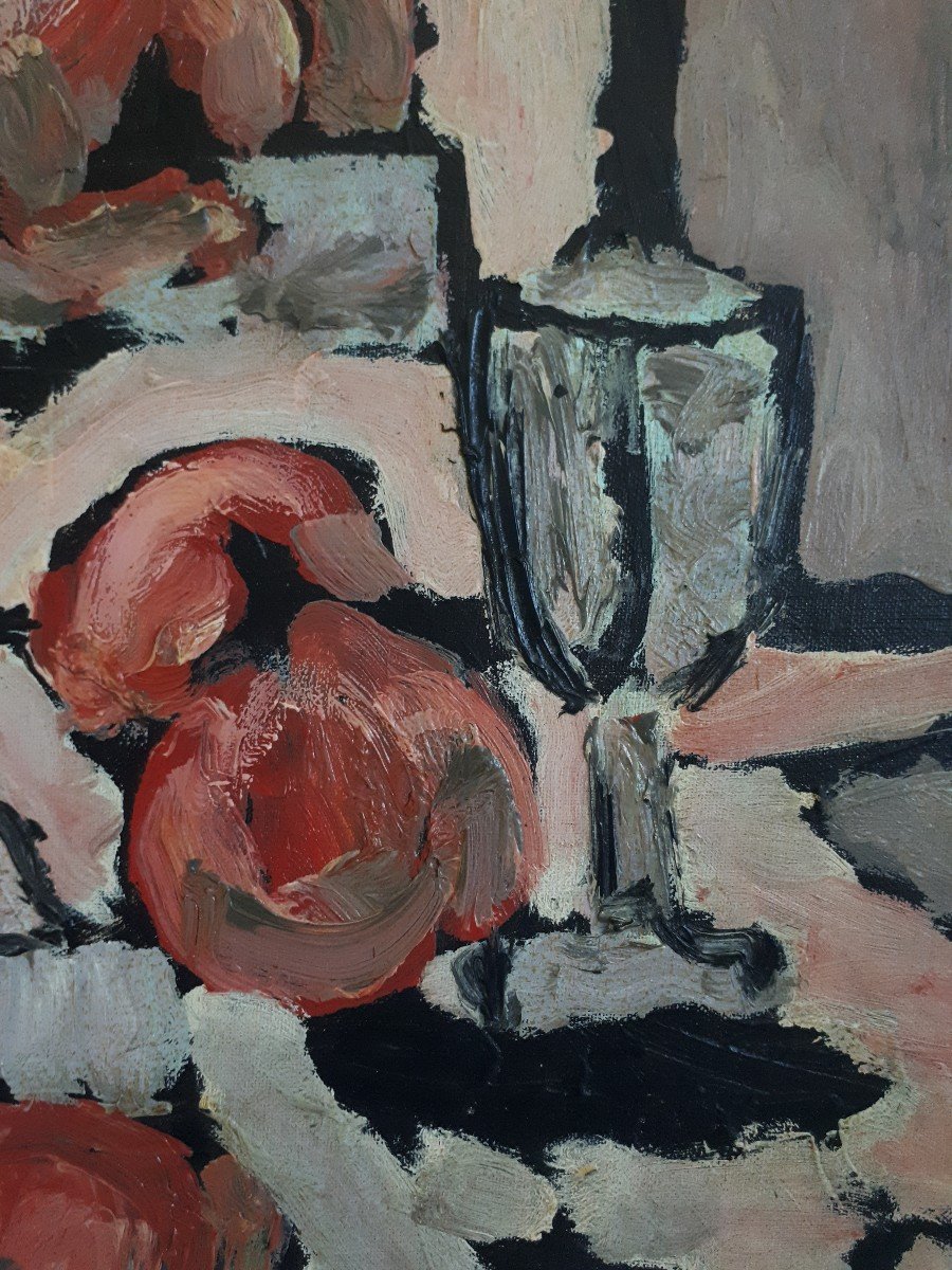 Huile sur panneau nature morte fruits bouteille 1968-photo-3