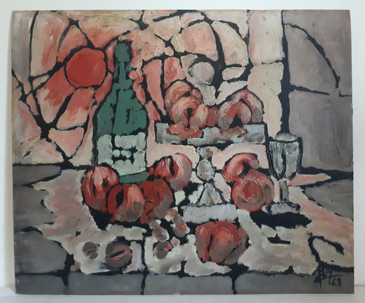 Huile sur panneau nature morte fruits bouteille 1968