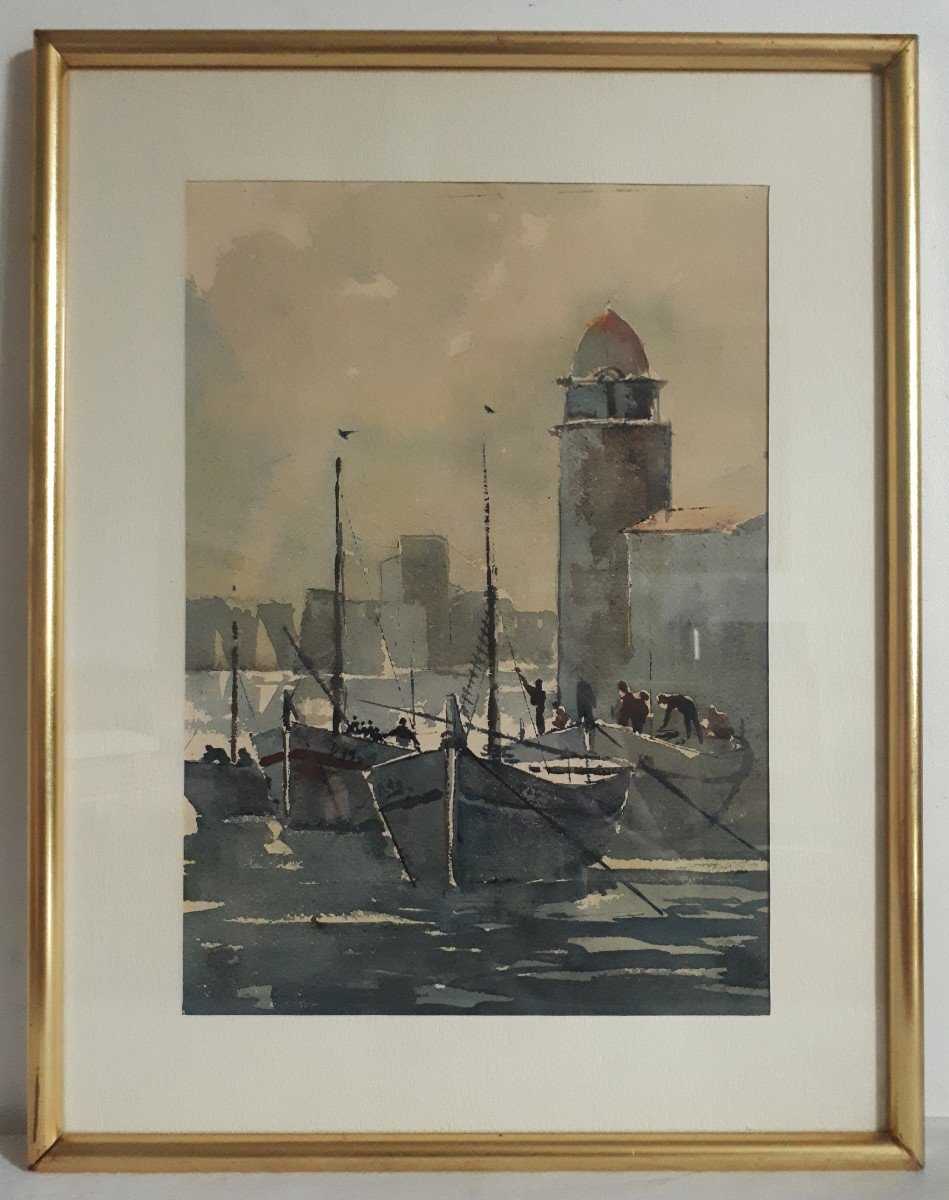Watercolor - Collioure Le Port - Marine Seascape Boats (signed)