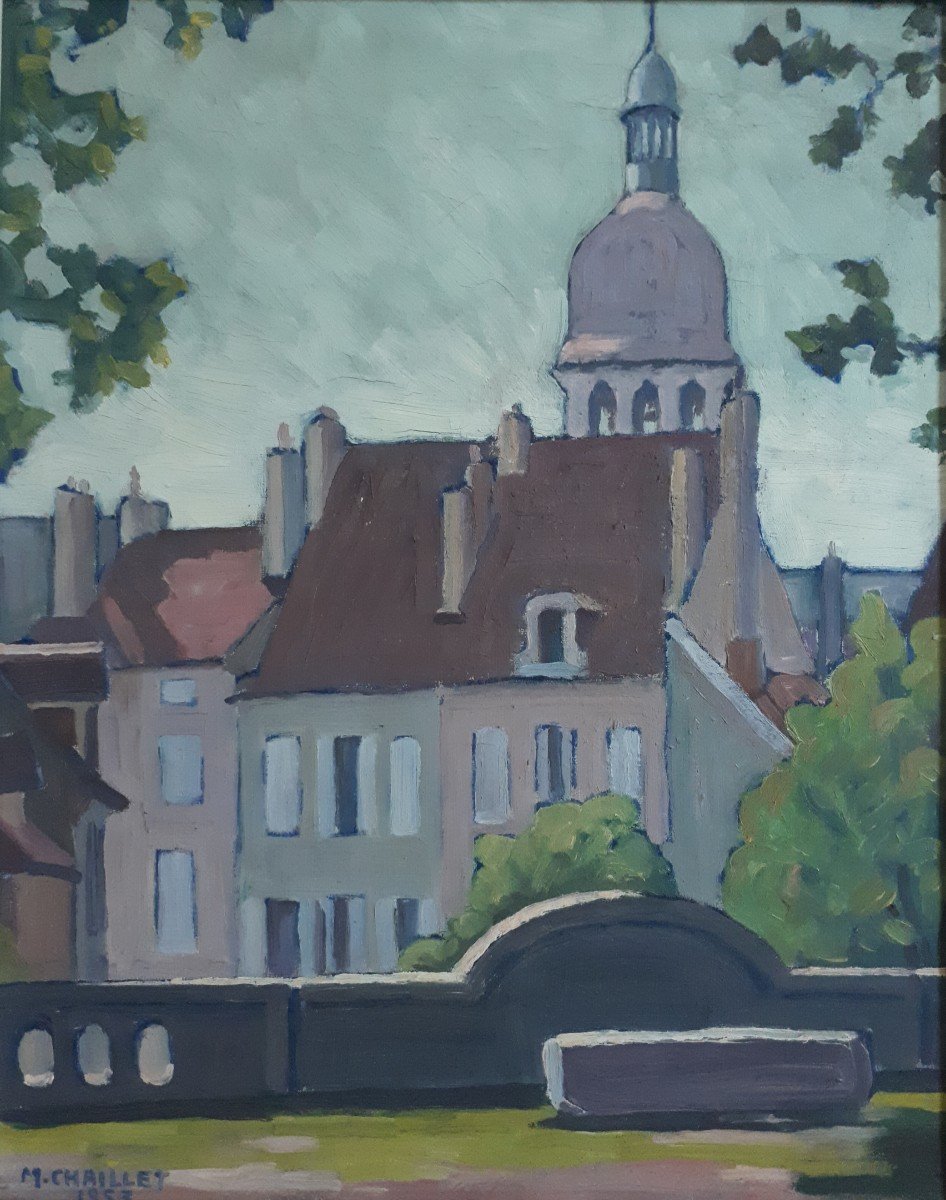 Huile sur toile -Beaune - Matin au Rempart des Lions - M. CHAILLET 1953 - paysage citadin-photo-2