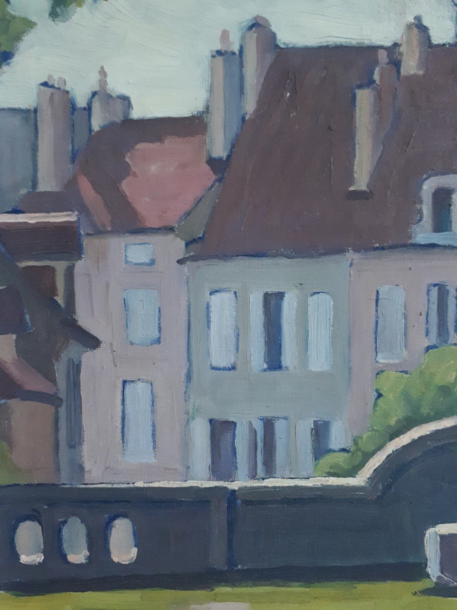 Huile sur toile -Beaune - Matin au Rempart des Lions - M. CHAILLET 1953 - paysage citadin-photo-1