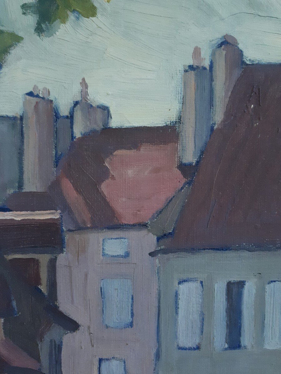 Huile sur toile -Beaune - Matin au Rempart des Lions - M. CHAILLET 1953 - paysage citadin-photo-3