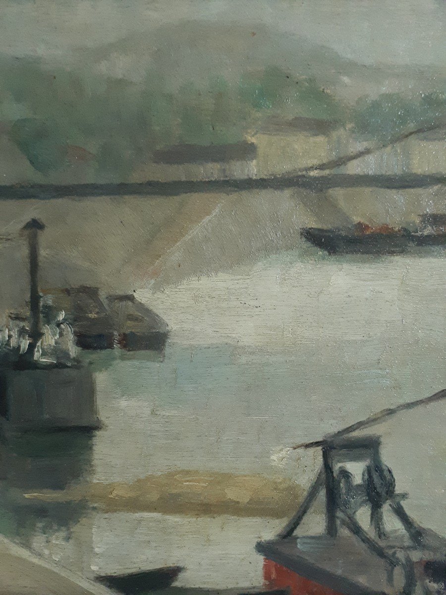 Oil On Wood River Landscape Barges H. Gautherin-photo-1