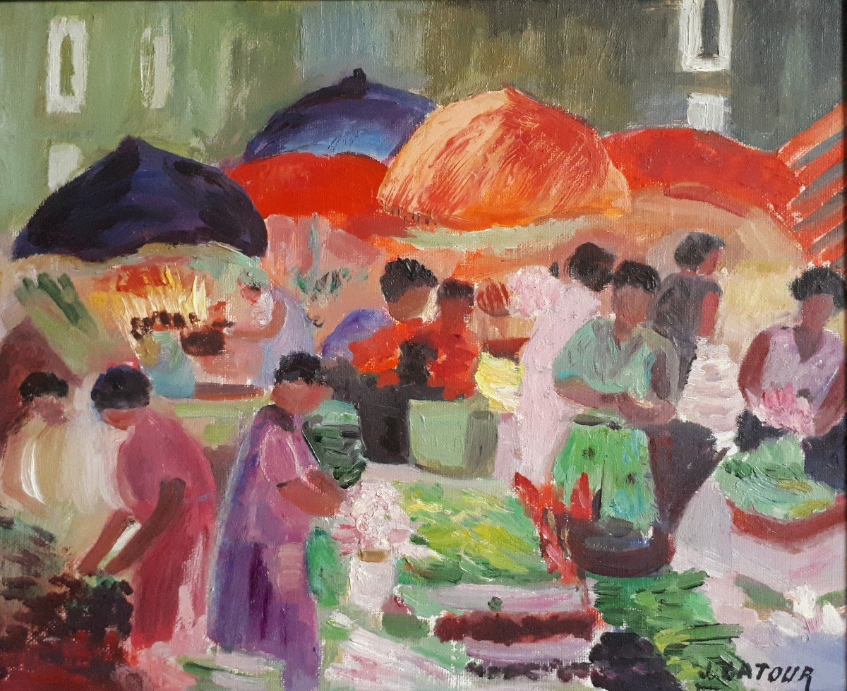 Jean Latour (1907-1973) Market Scene Oil On Panel-photo-2