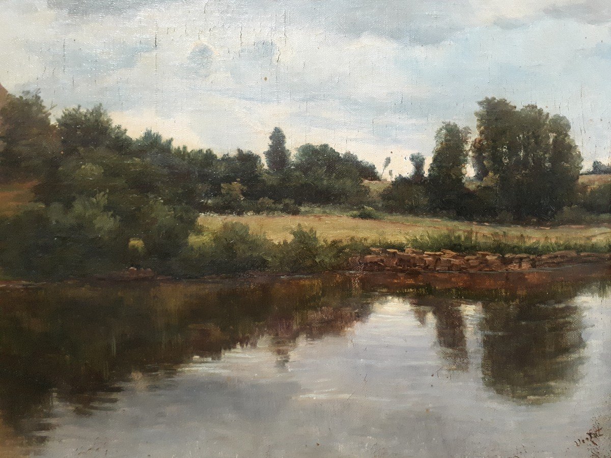 Hugues François VERTET (1847-1924) huile sur toile paysage lacustre du Morvan 19ème-photo-3