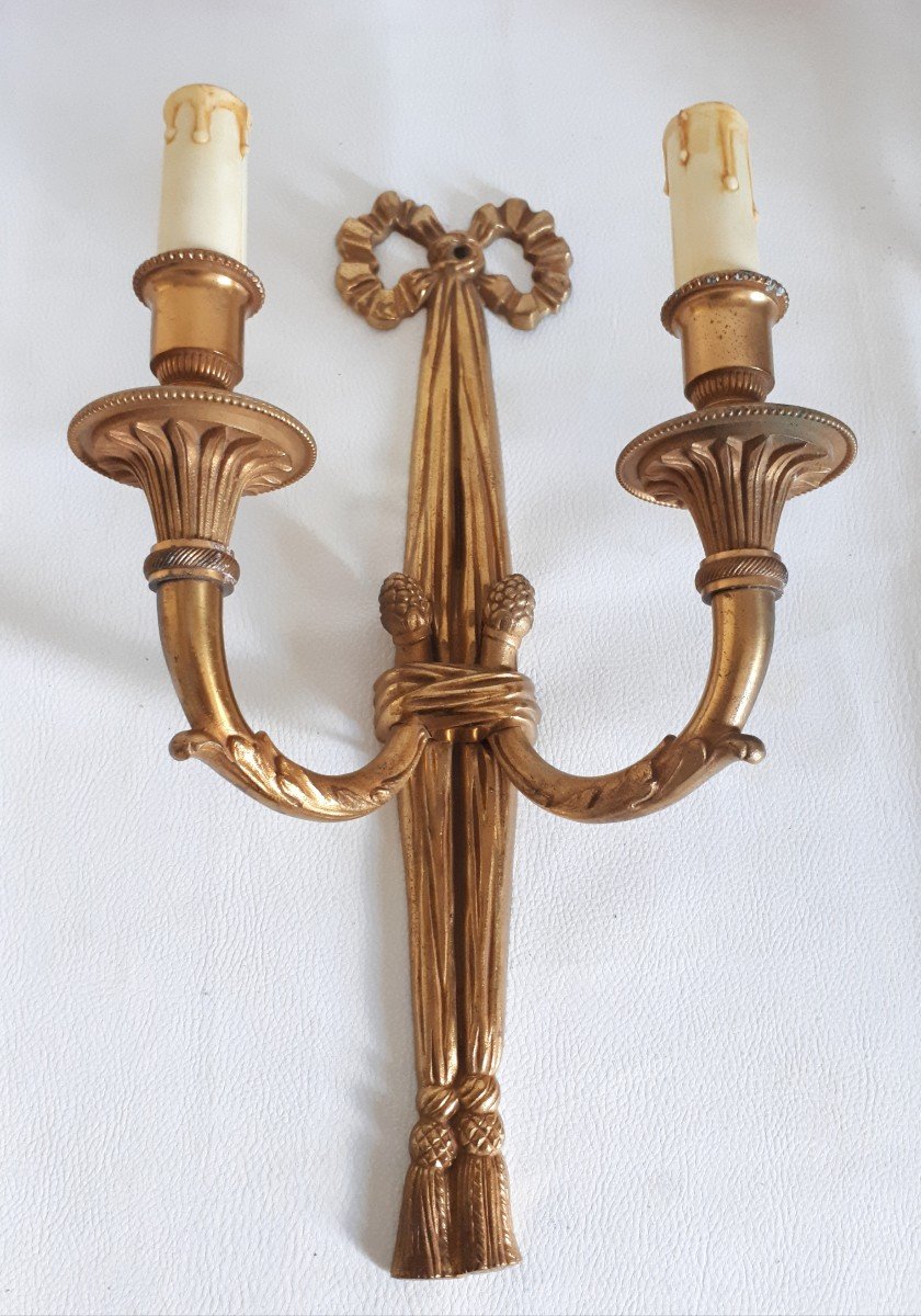 Pair Of Gilded Bronze Sconces Trimmings Ribbons Louis XVI Style-photo-2