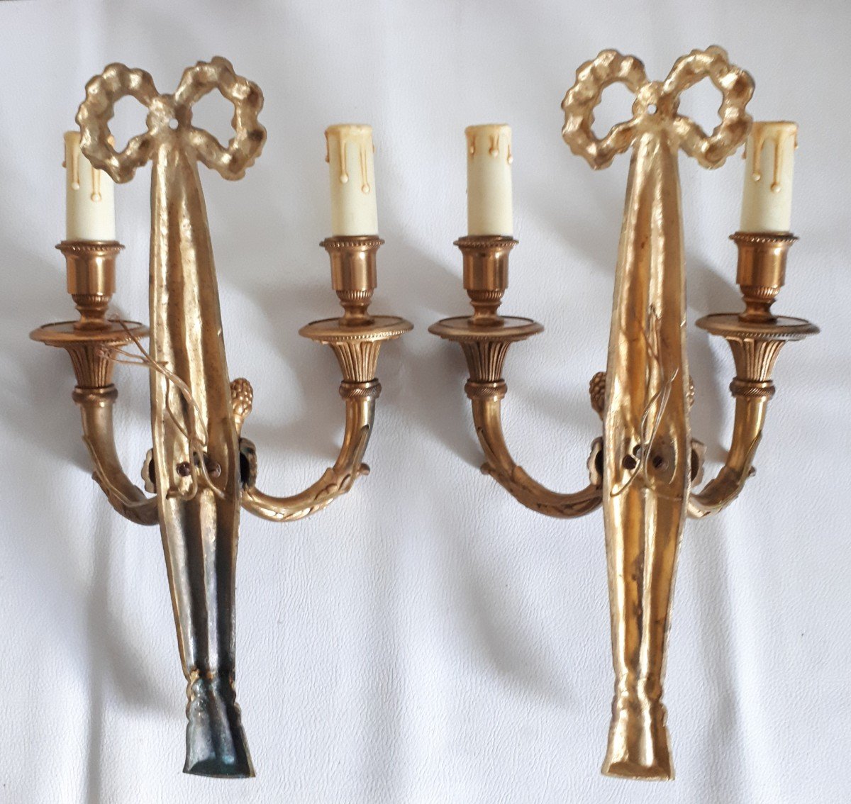 Pair Of Gilded Bronze Sconces Trimmings Ribbons Louis XVI Style-photo-4