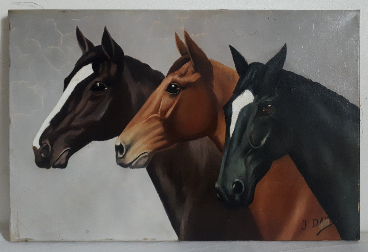 Oil On Canvas Portrait Of Horses Horse J. David