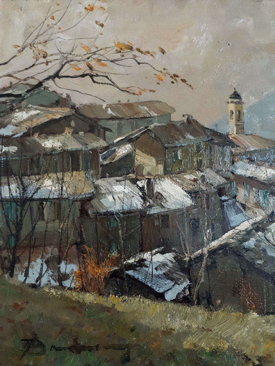 Arturo Bonanomi (1920-2010) Sueglio Village Lombardy Italy Oil On Panel-photo-3