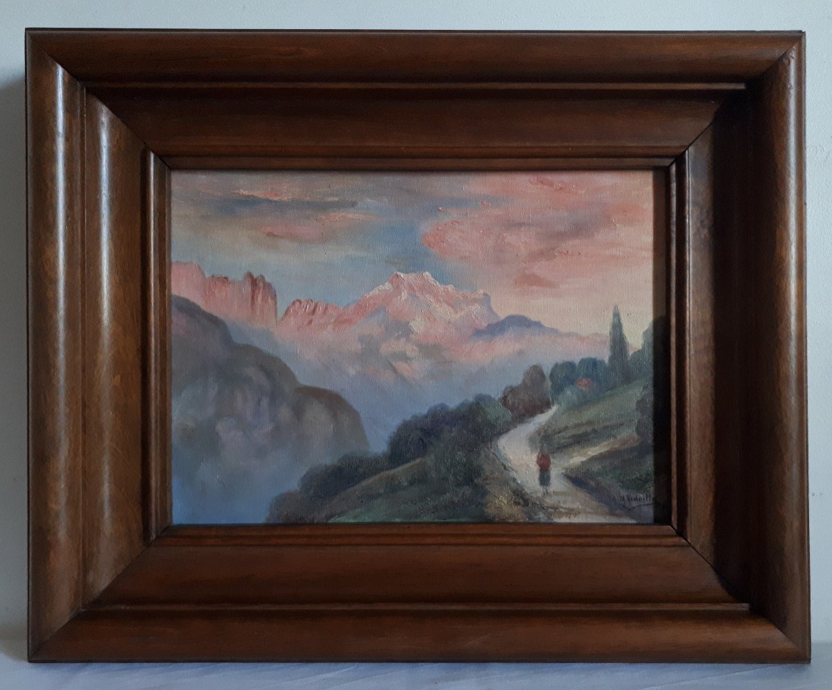 Anne-Marie VIDAILLET (1891-1974) huile sur toile paysage de montagne au coucher de soleil