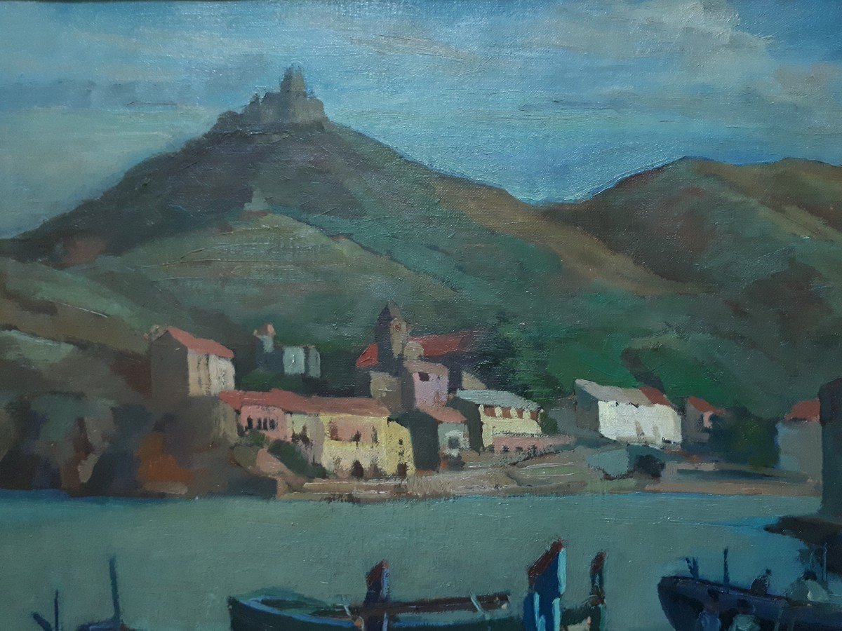 Gilbert SAILLY (1916-1997) port de Collioure et fort Saint-Elme huile sur toile-photo-1