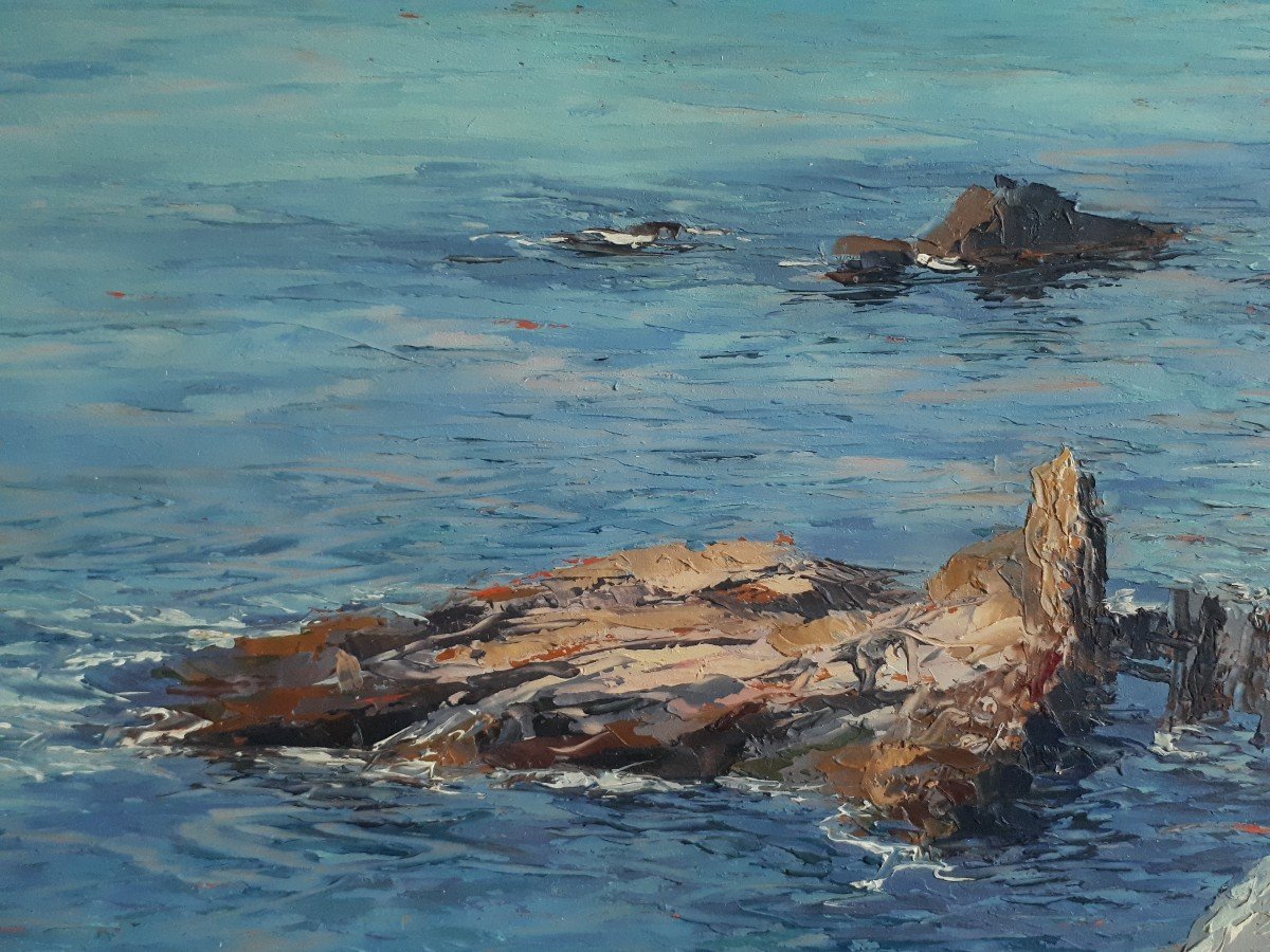 Giuseppe ARIGLIANO (1917-1999) huile sur panneau marine côte rocheuse-photo-3