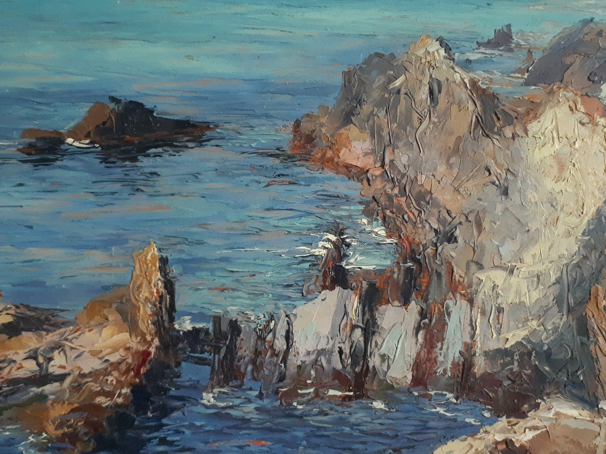 Giuseppe ARIGLIANO (1917-1999) huile sur panneau marine côte rocheuse-photo-4