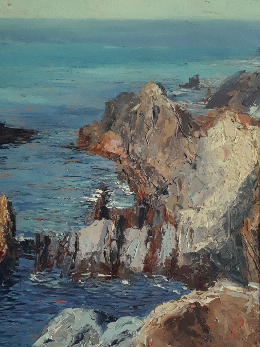 Giuseppe ARIGLIANO (1917-1999) huile sur panneau marine côte rocheuse-photo-1