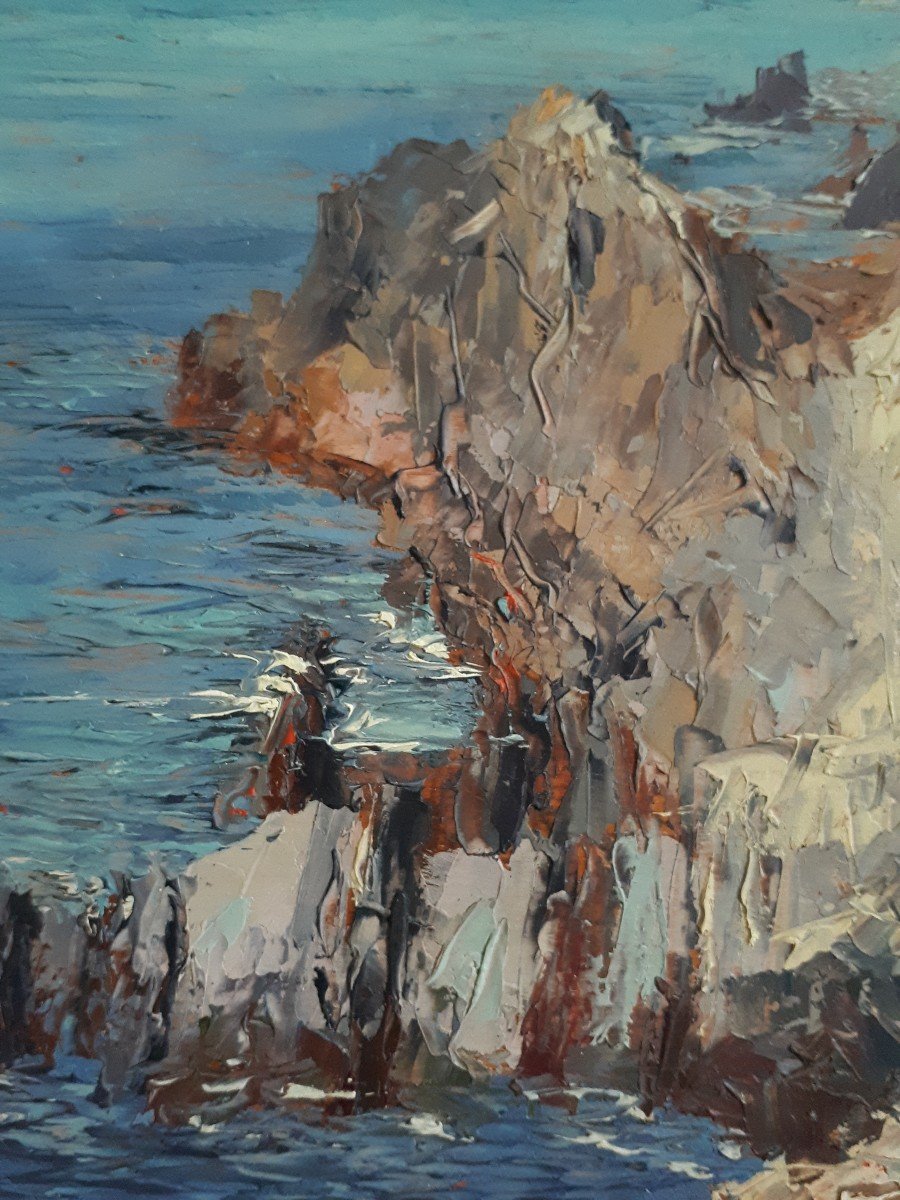 Giuseppe ARIGLIANO (1917-1999) huile sur panneau marine côte rocheuse-photo-2