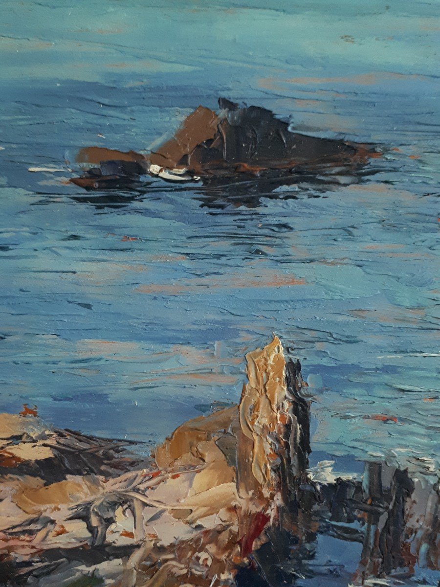 Giuseppe ARIGLIANO (1917-1999) huile sur panneau marine côte rocheuse-photo-4