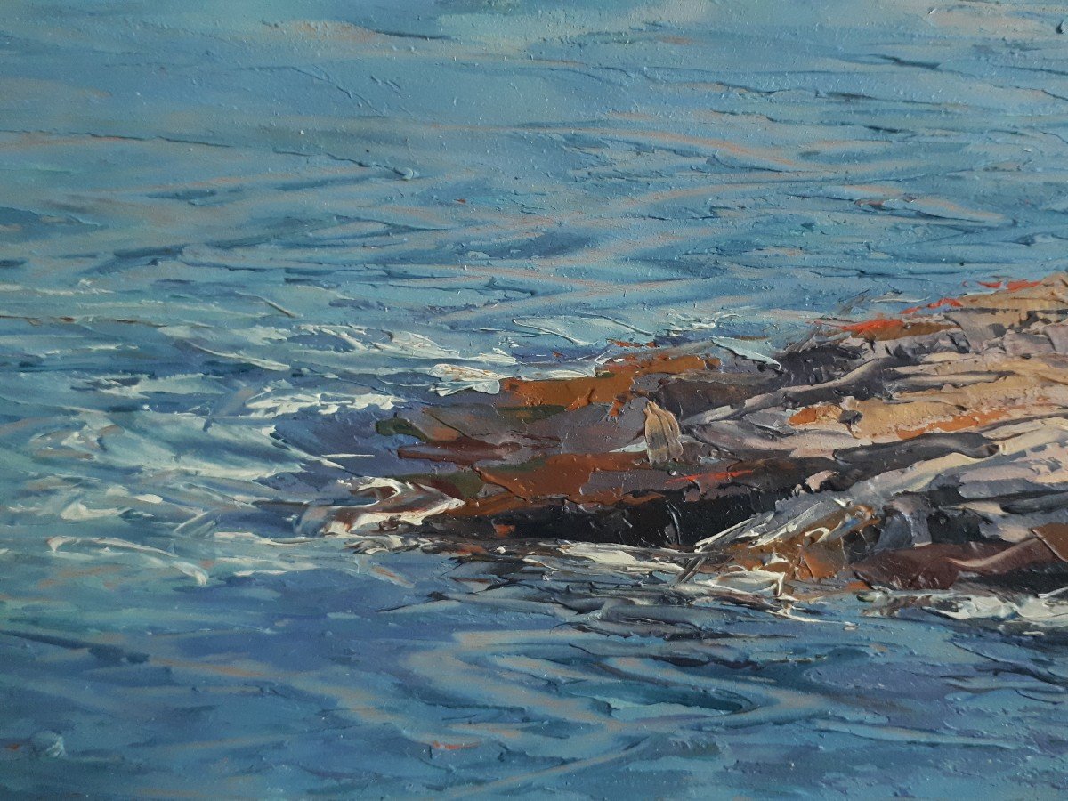 Giuseppe ARIGLIANO (1917-1999) huile sur panneau marine côte rocheuse-photo-5