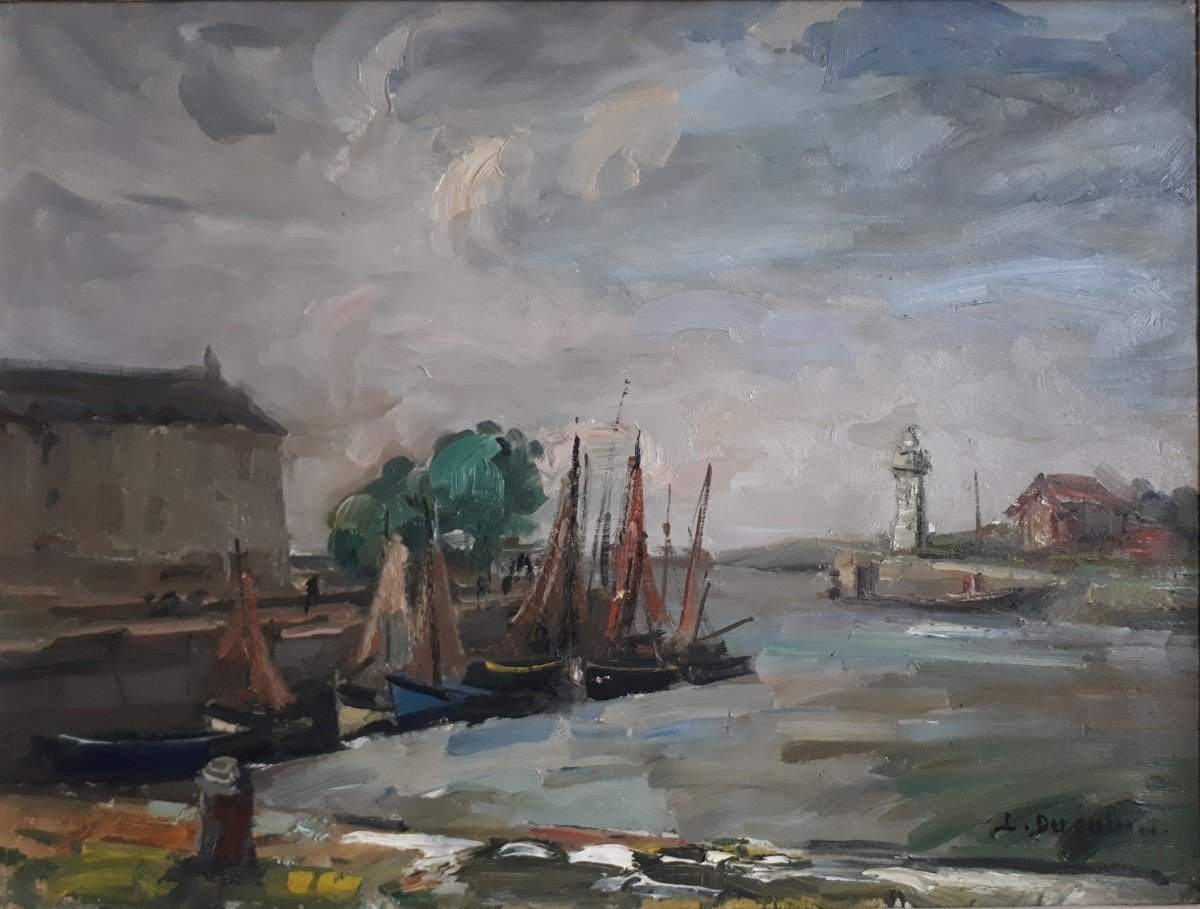 Lucien DUCUING (1896-1958) port de Honfleur phare Normandie huile sur toile-photo-2