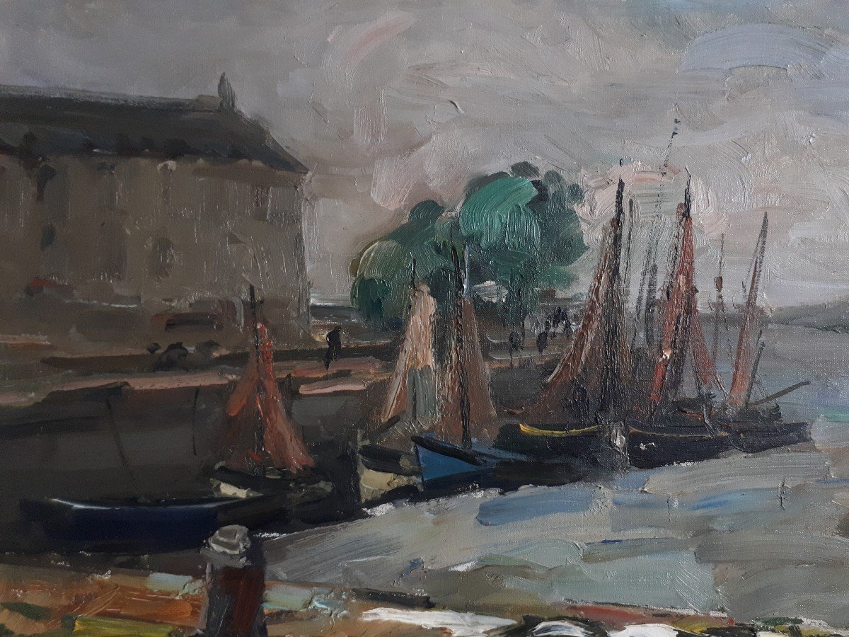 Lucien DUCUING (1896-1958) port de Honfleur phare Normandie huile sur toile-photo-3