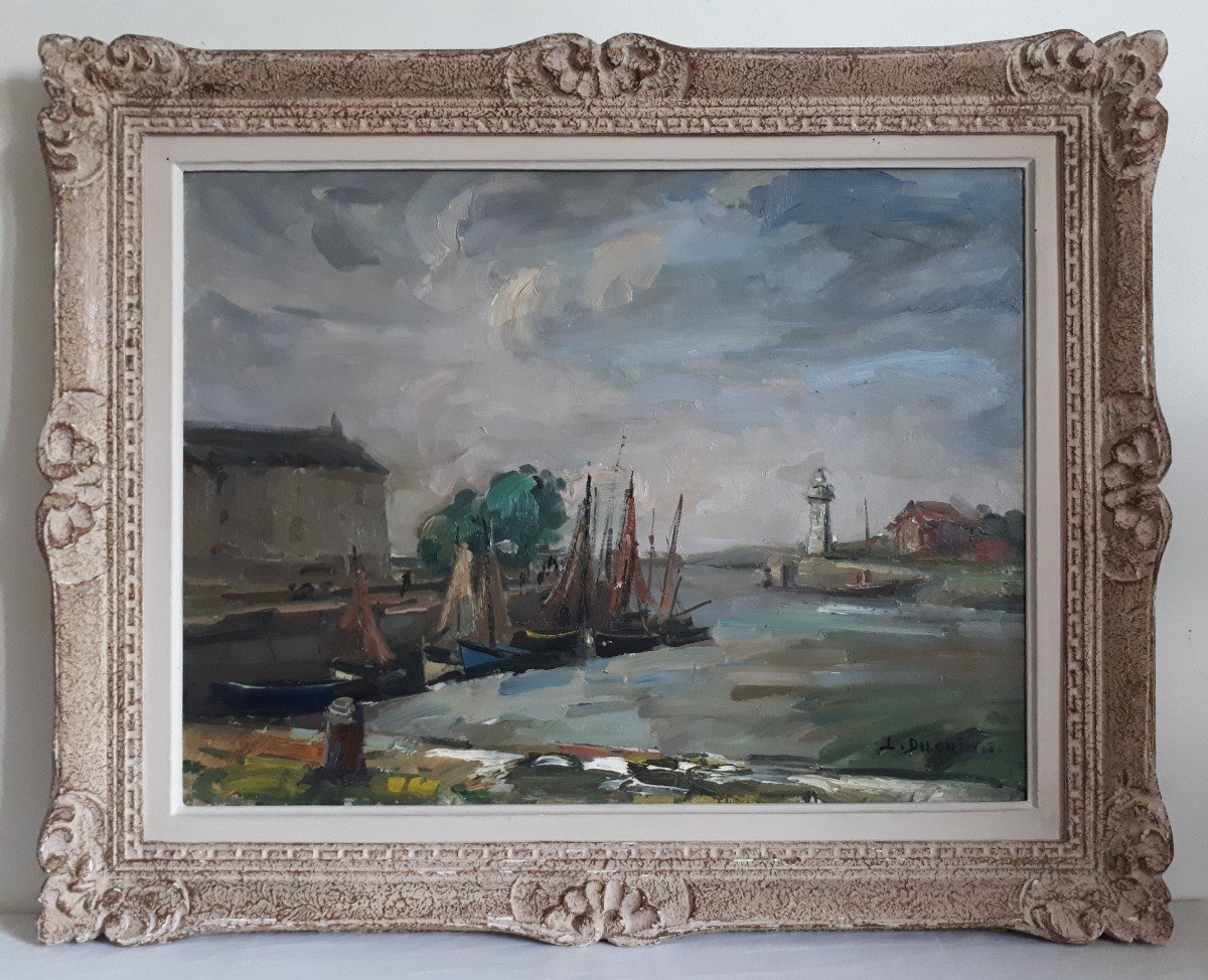 Lucien Ducuing (1896-1958) Port Of Honfleur Lighthouse Normandy Oil On Canvas