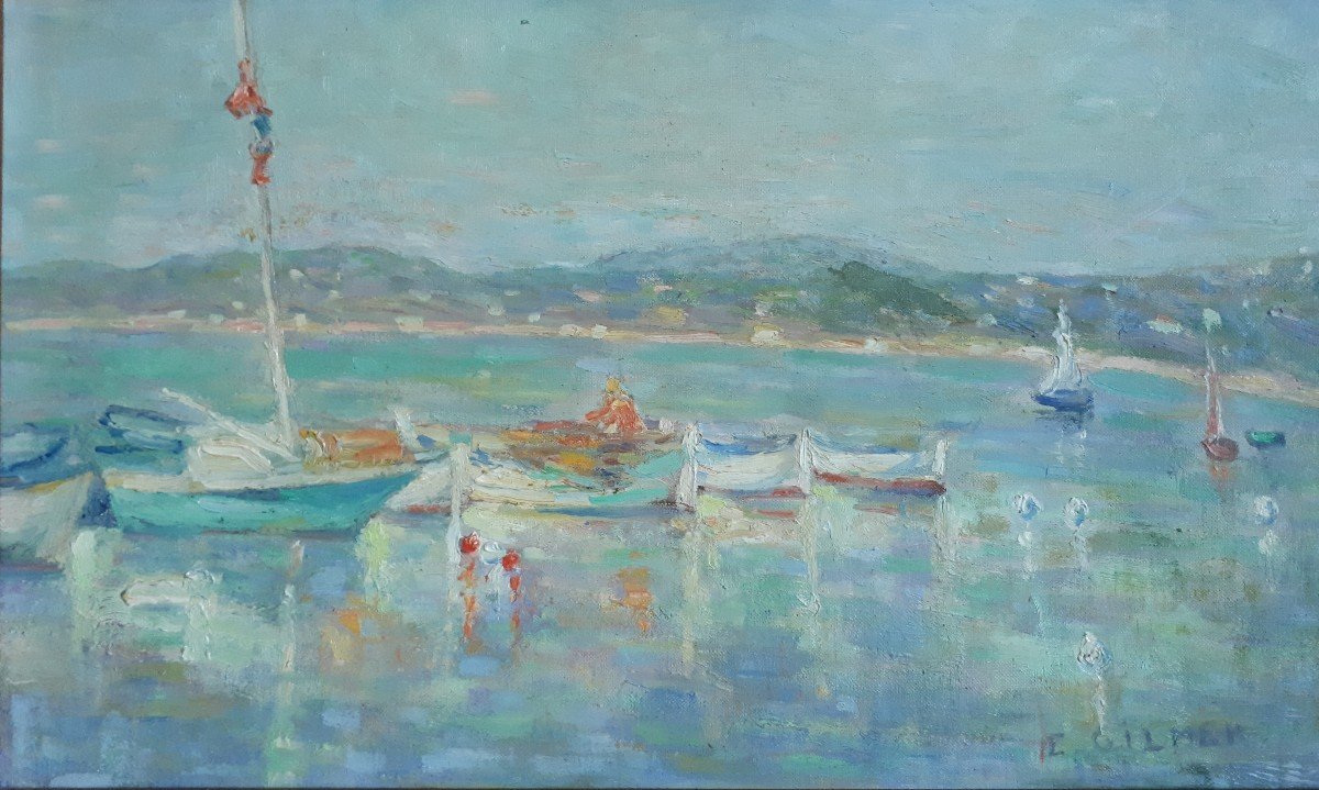E. Gilmer Oil On Marine Canvas Port Of San Peïre Côte d'Azur-photo-2