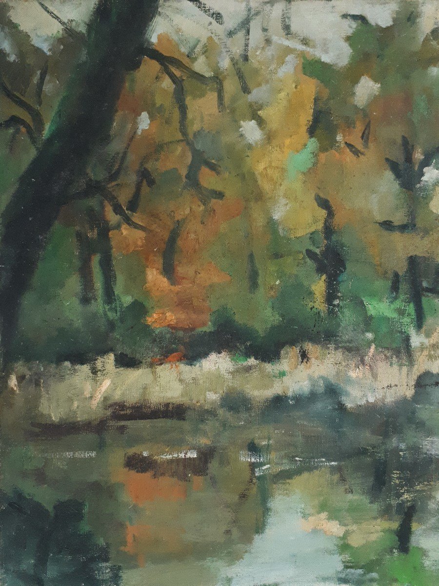 Painting Oil On Canvas Autumnal Lake Landscape-photo-2