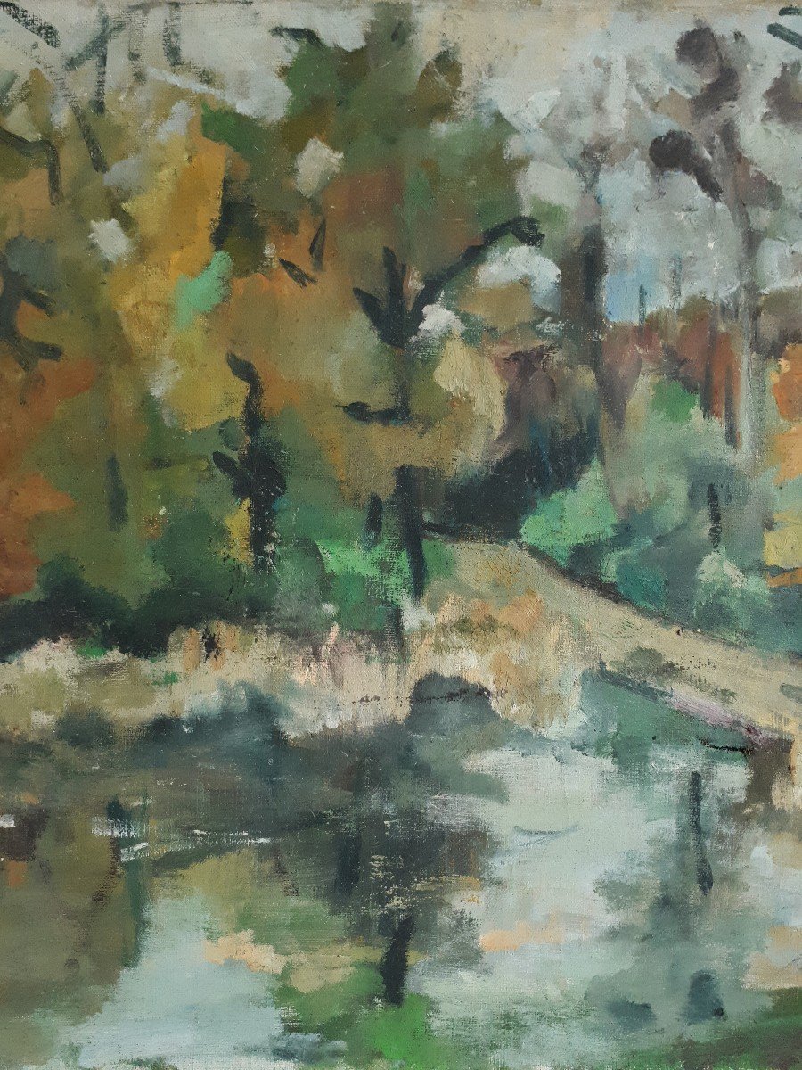 Painting Oil On Canvas Autumnal Lake Landscape-photo-3