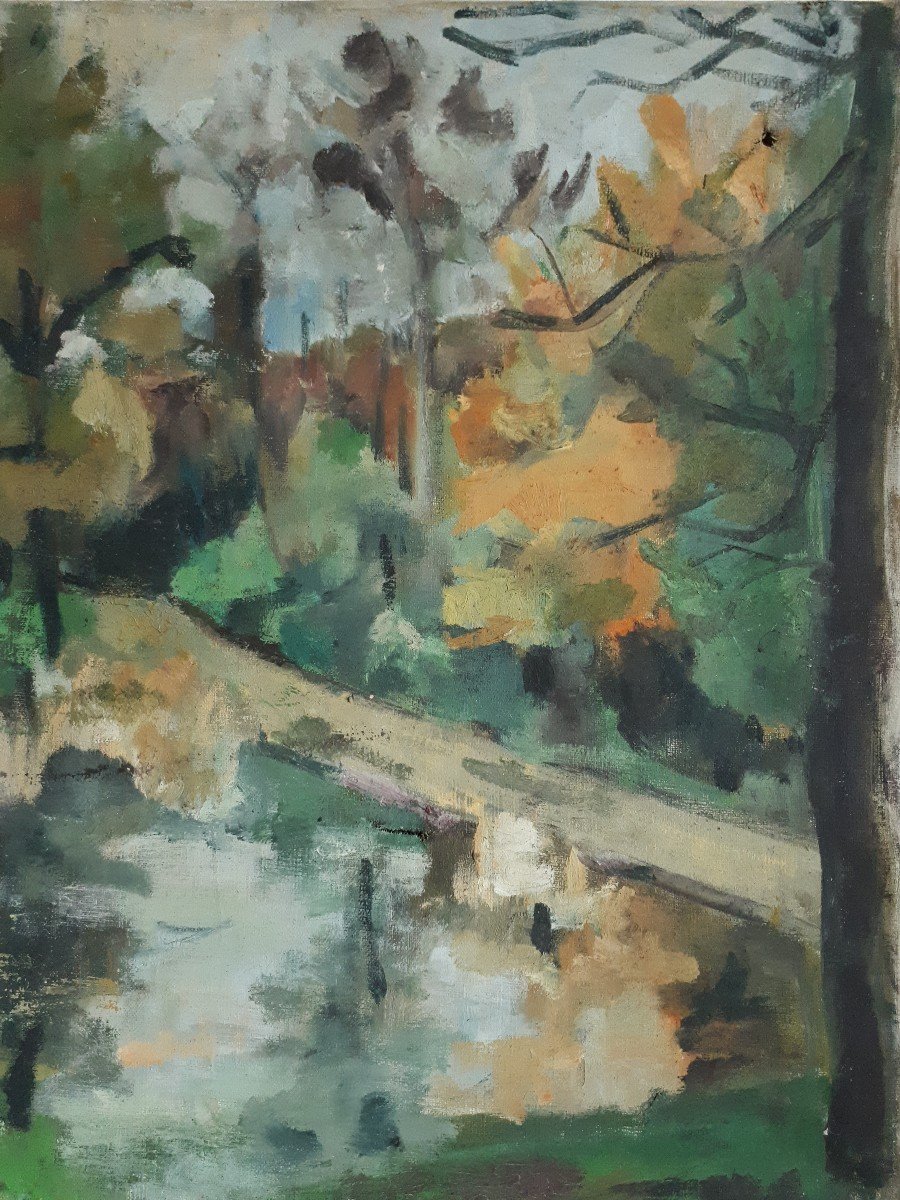 Painting Oil On Canvas Autumnal Lake Landscape-photo-4