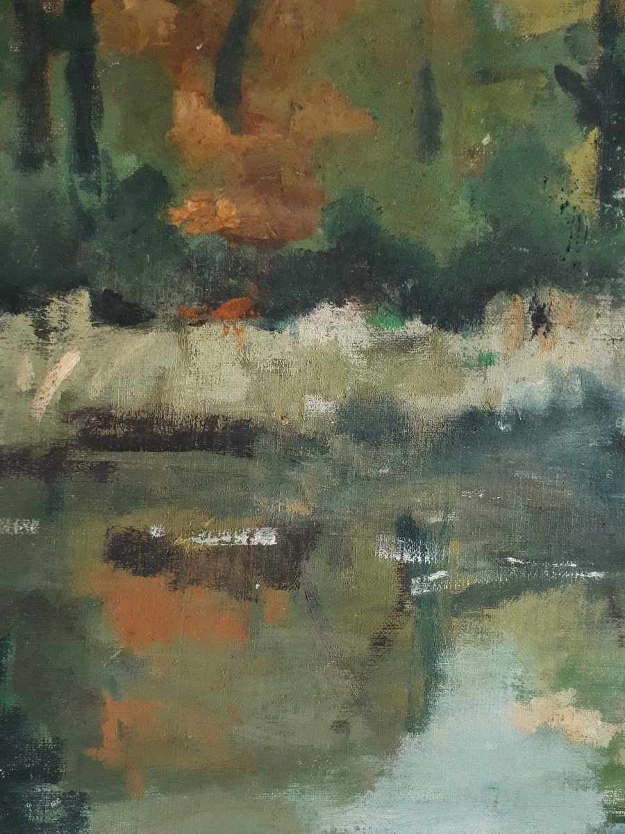 Painting Oil On Canvas Autumnal Lake Landscape-photo-2