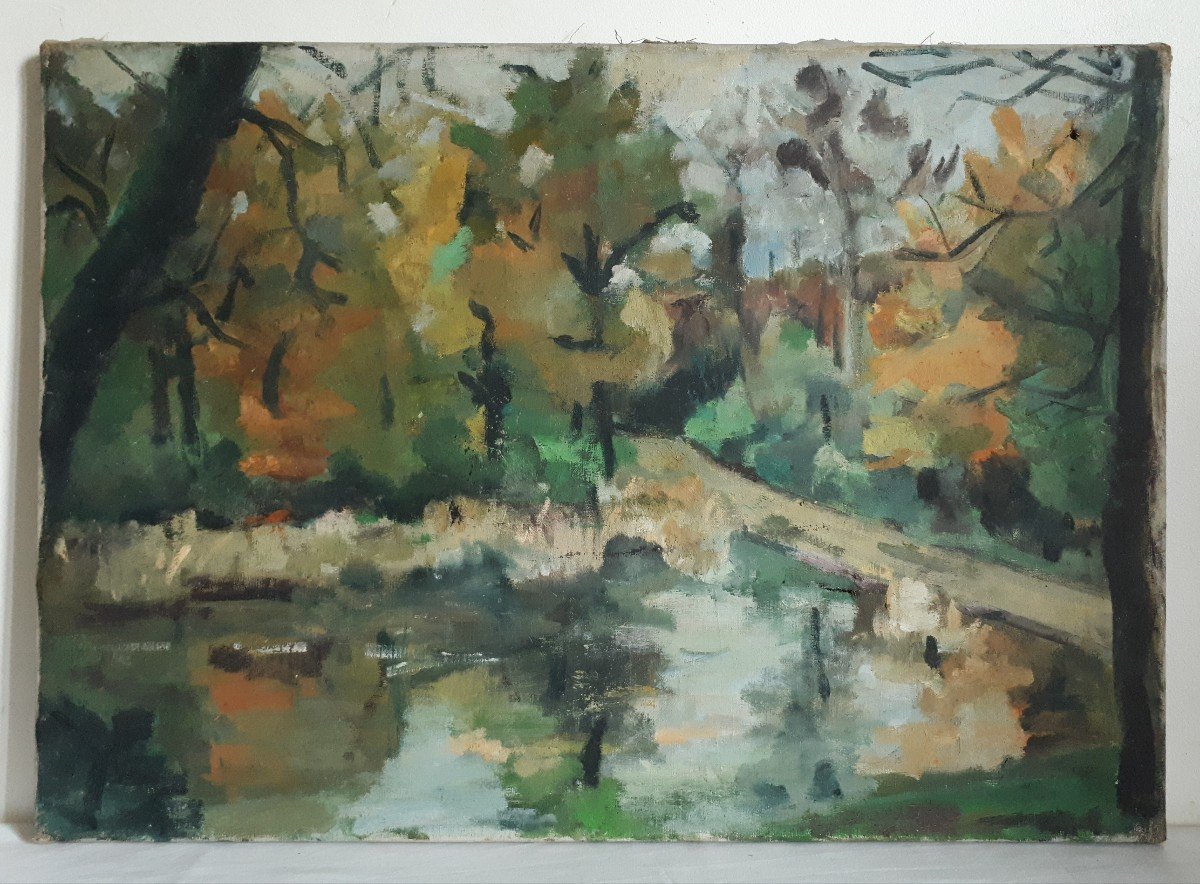 Painting Oil On Canvas Autumnal Lake Landscape