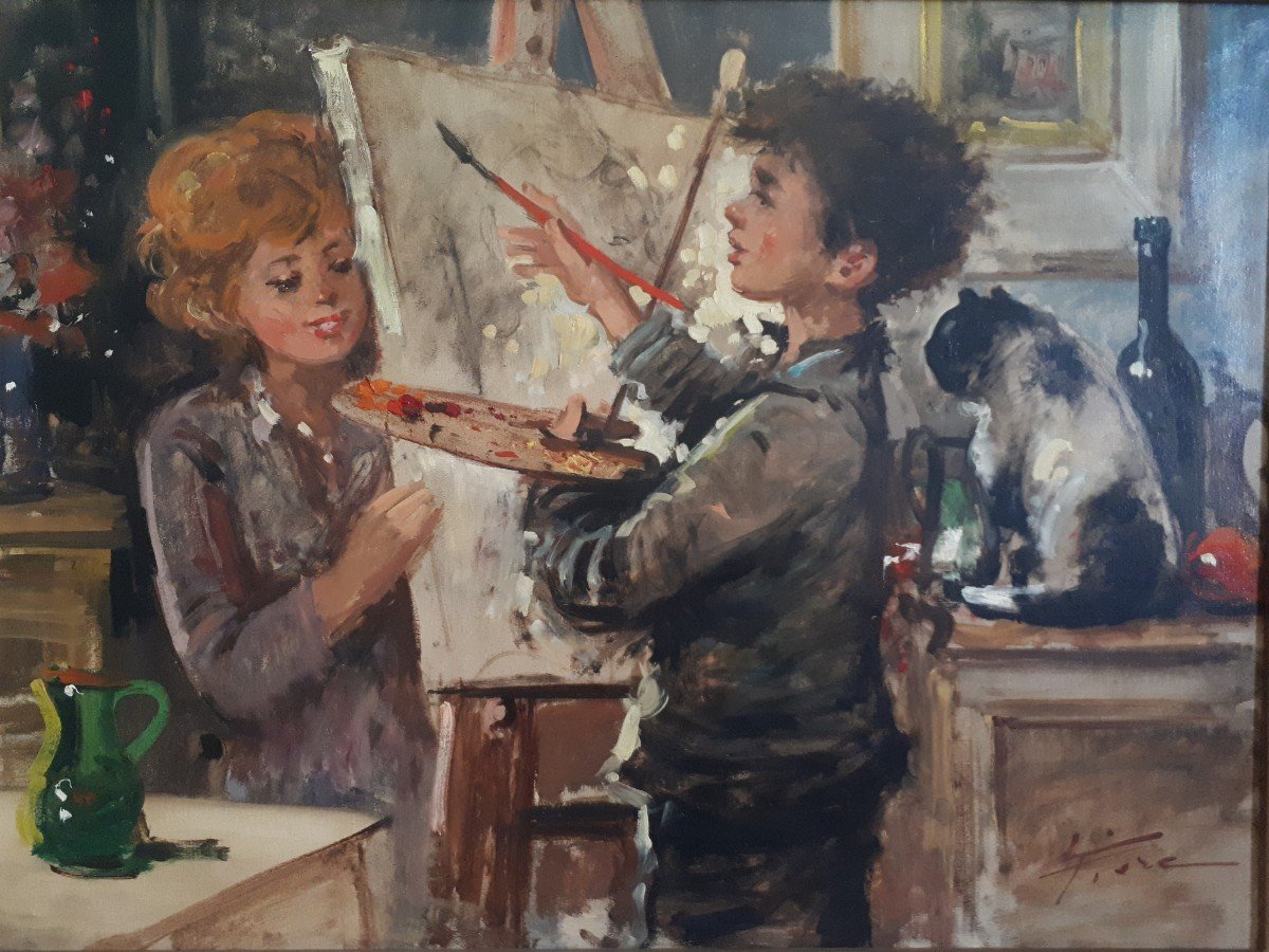 L. Fiore Large Oil On Canvas Interior Scene Child Painter