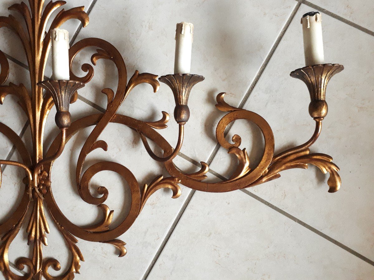 Large Golden Wrought Iron Wall Lamp Palladio Italy 1950-photo-4