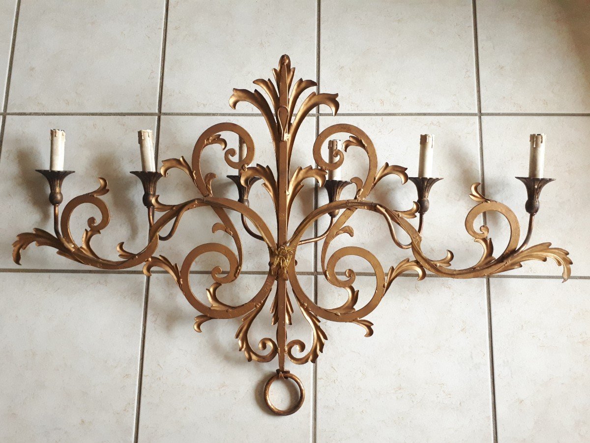 Large Golden Wrought Iron Wall Lamp Palladio Italy 1950-photo-4