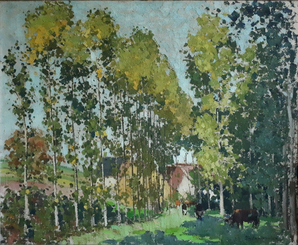 Paul Anderbouhr (1909-2006) Oil On Canvas Landscape With Polplars Post-impressionism