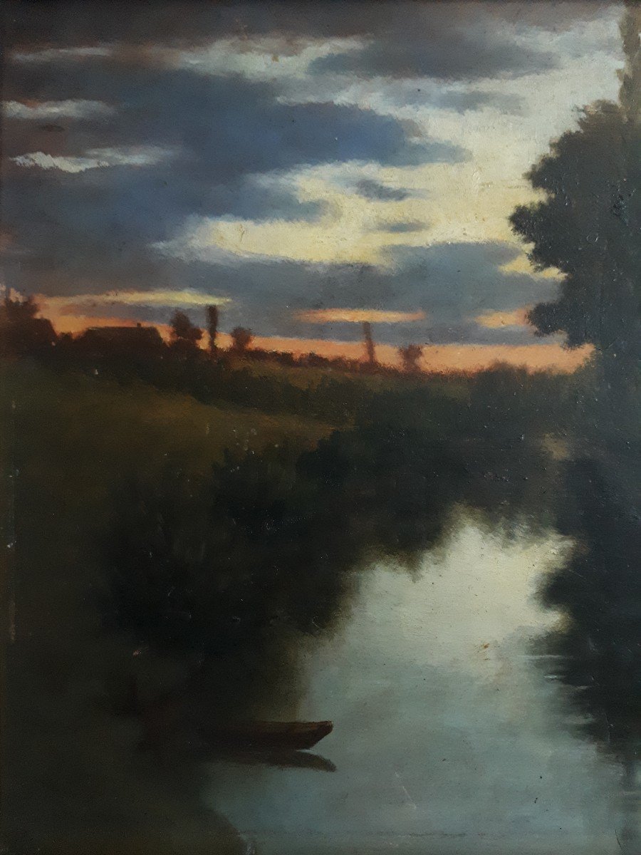 Oil On Wood Riverside Landscape At Dusk Late 19th Triboulez 1888-photo-3