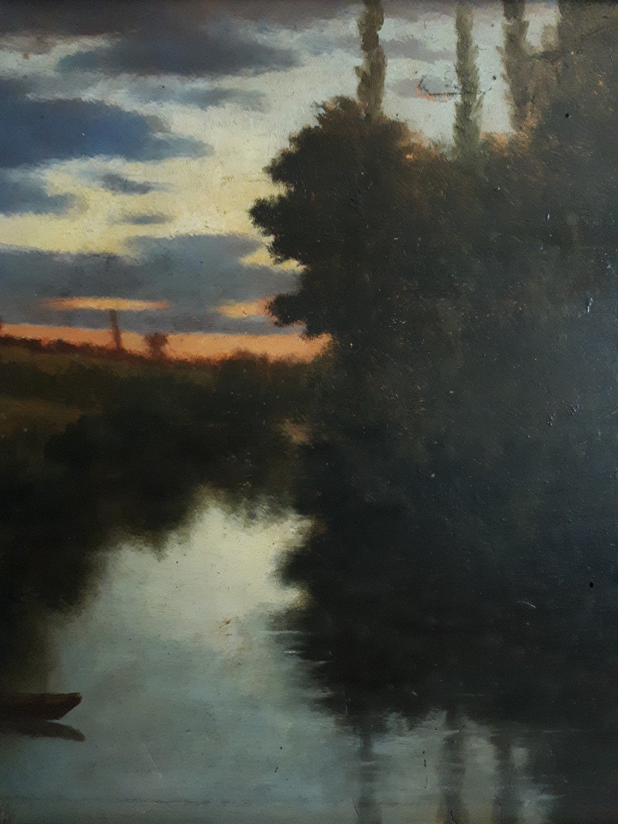 Oil On Wood Riverside Landscape At Dusk Late 19th Triboulez 1888-photo-4