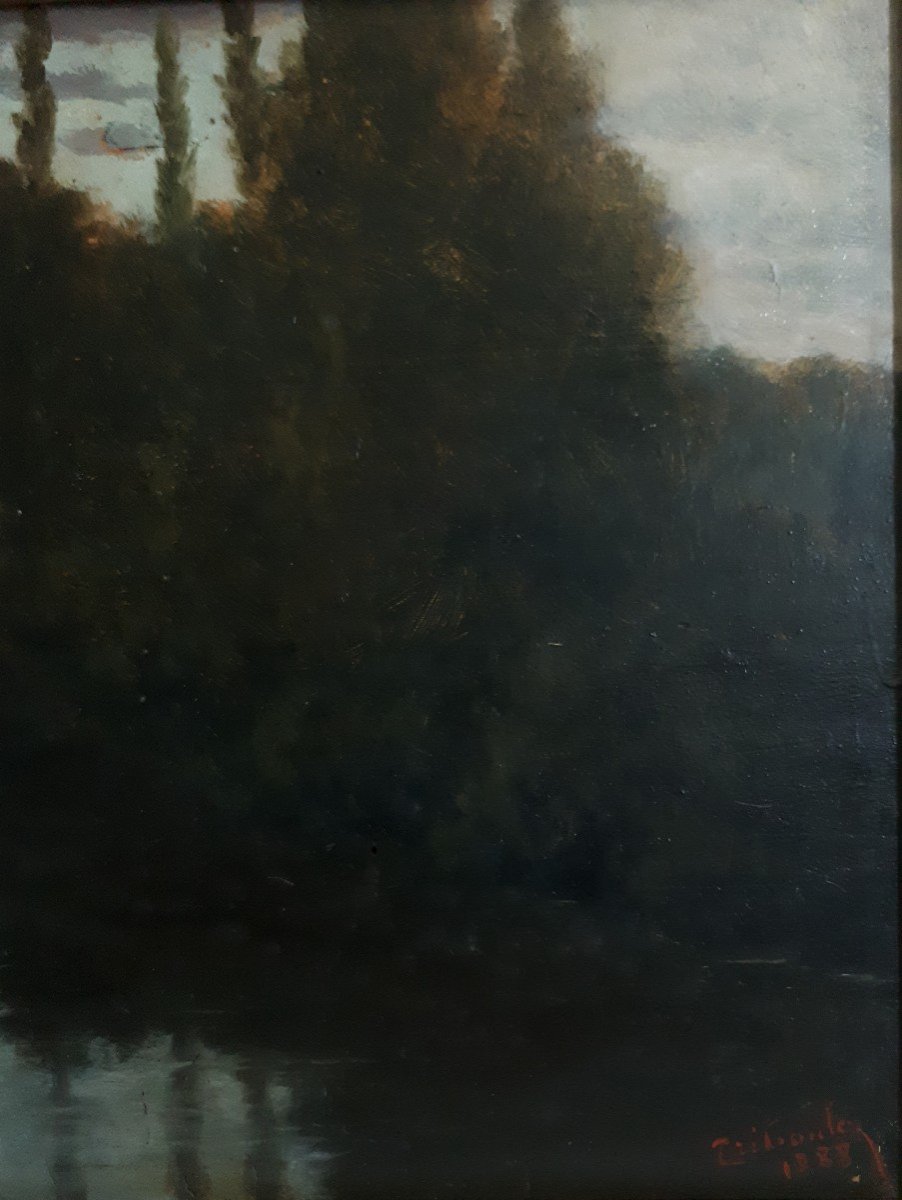 Oil On Wood Riverside Landscape At Dusk Late 19th Triboulez 1888-photo-1