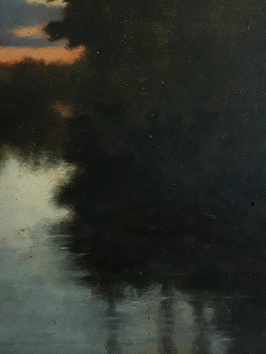 Oil On Wood Riverside Landscape At Dusk Late 19th Triboulez 1888-photo-5