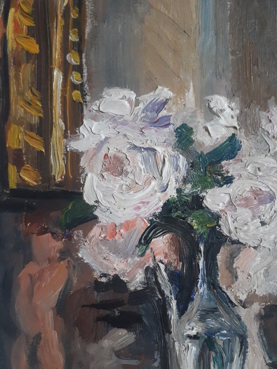 Tableau huile sur bois nature morte bouquet de roses fleurs E. Buguet-photo-1