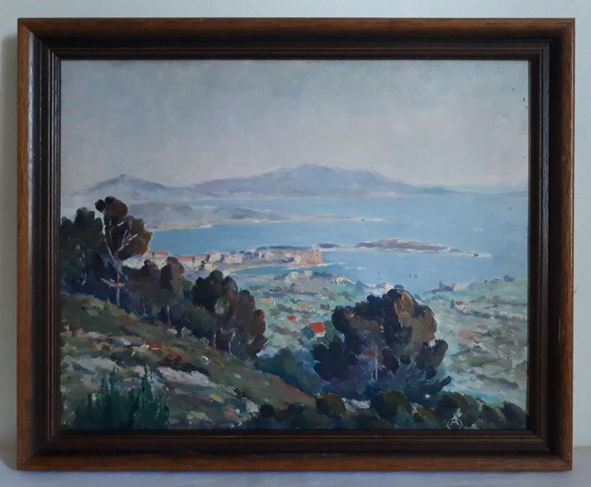 Tableau huile sur bois marine paysage méditerranéen 1930/1940-photo-2