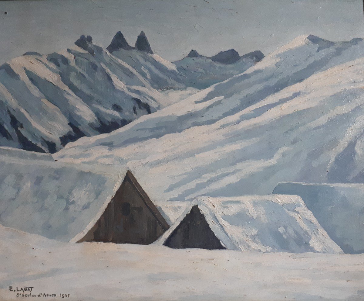 Oil On Panel E. Lagat Saint Sorlin d'Arves Alpes Savoie Snowy  Landscape Mountain 1947-photo-2