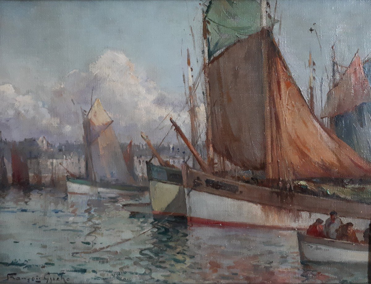 François Gueho (1881-1951) Oil On Canvas Marine Breton Port Brittany-photo-2
