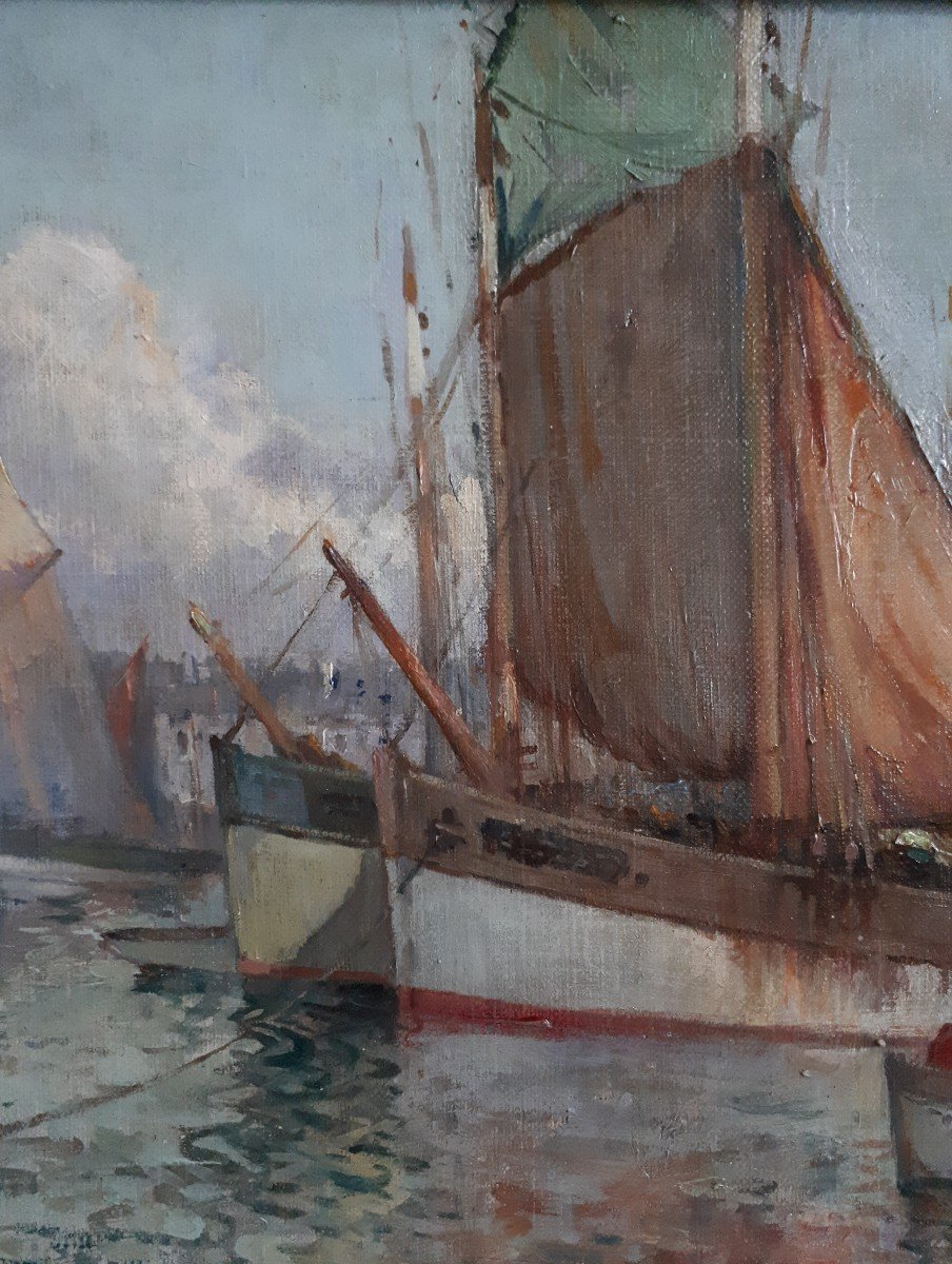 François Gueho (1881-1951) Oil On Canvas Marine Breton Port Brittany-photo-4